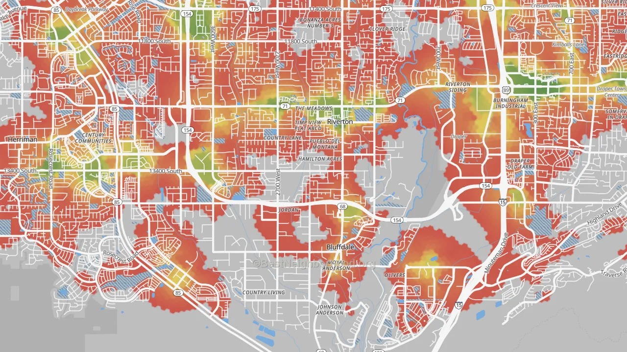 Walk Grade map of 84065, UT, walkable areas in green and car-dependent areas in red