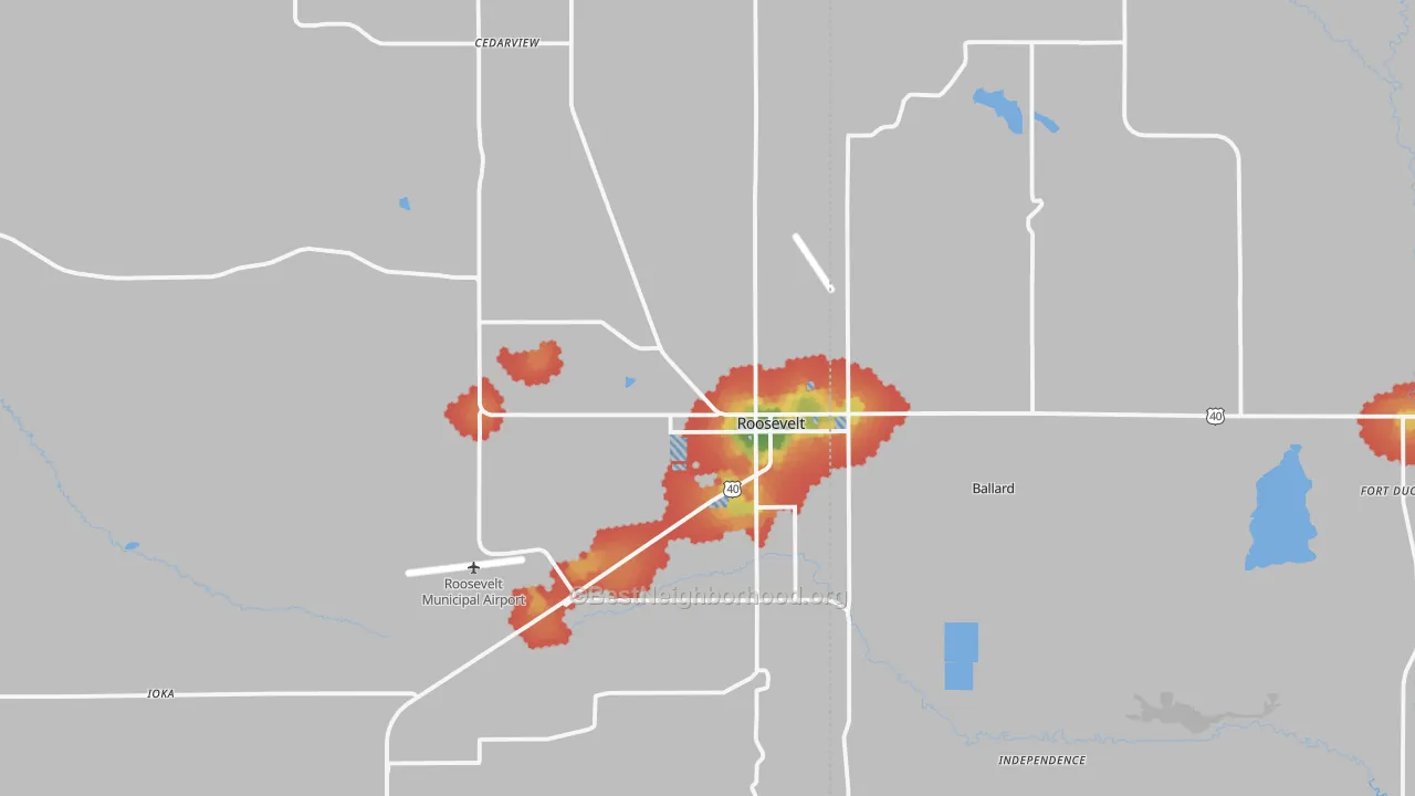 Walk Grade map of 84066, UT, walkable areas in green and car-dependent areas in red