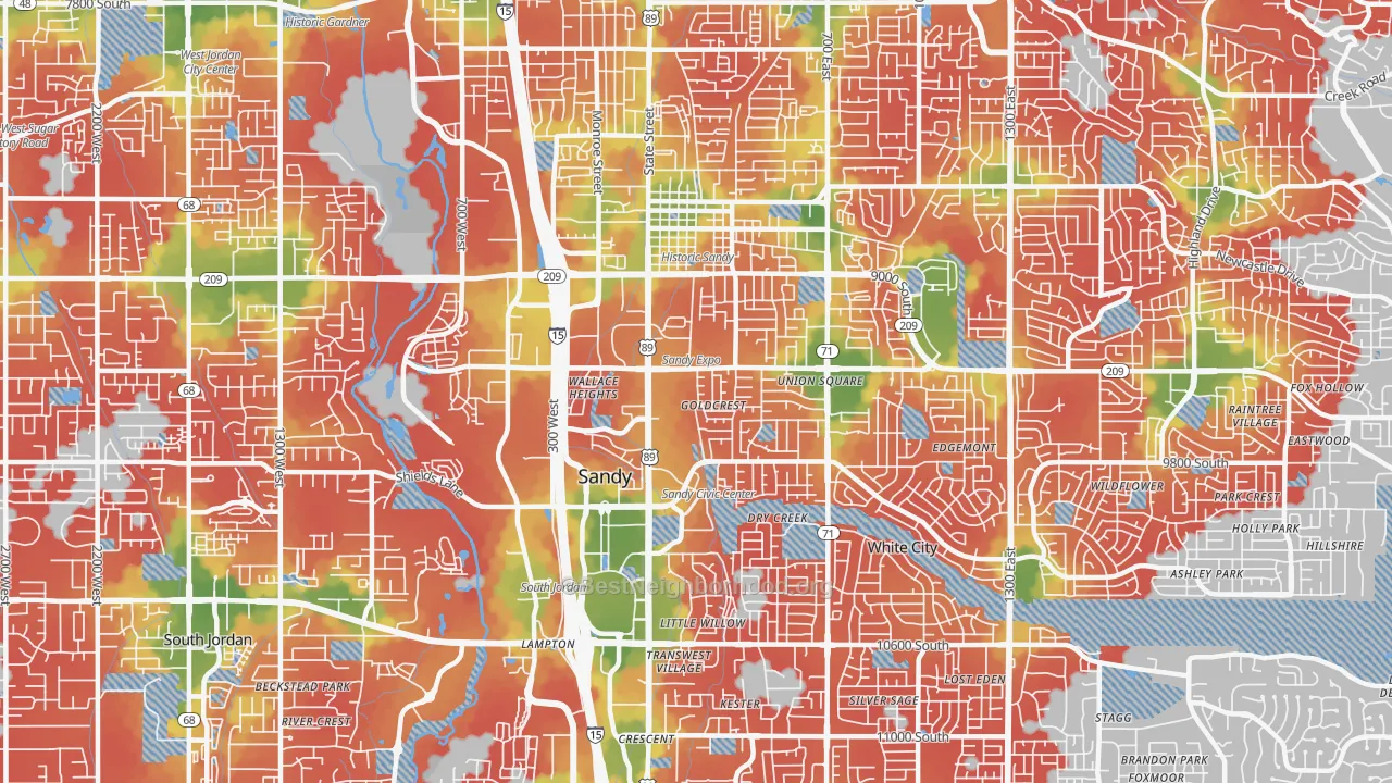 Walk Grade map of 84070, UT, walkable areas in green and car-dependent areas in red