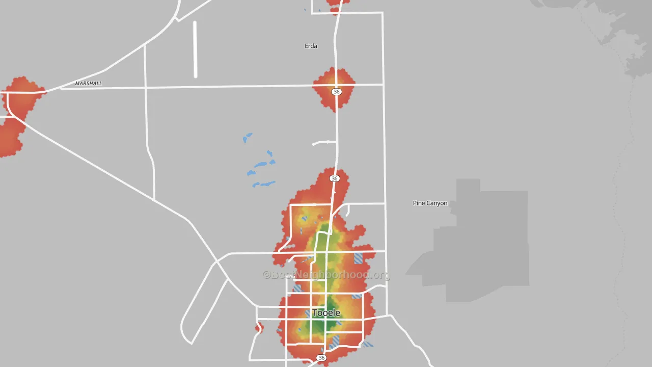 Walk Grade map of 84074, UT, walkable areas in green and car-dependent areas in red