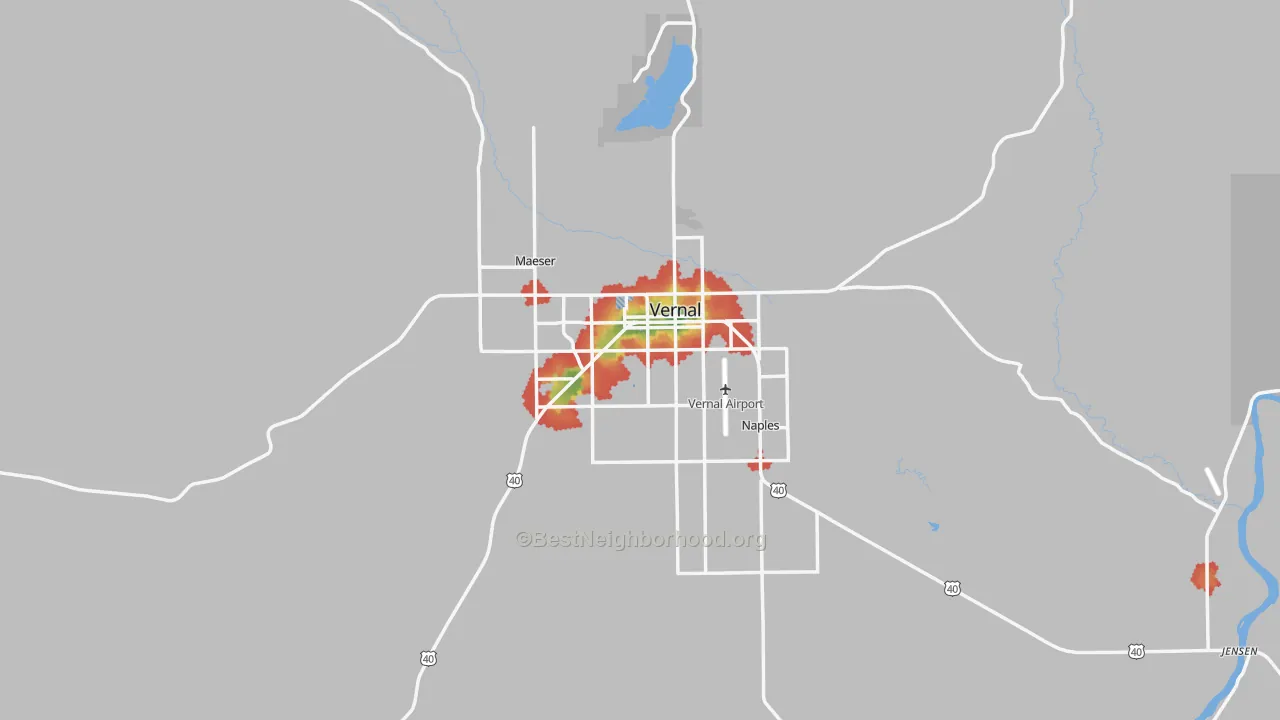Walk Grade map of 84078, UT, walkable areas in green and car-dependent areas in red