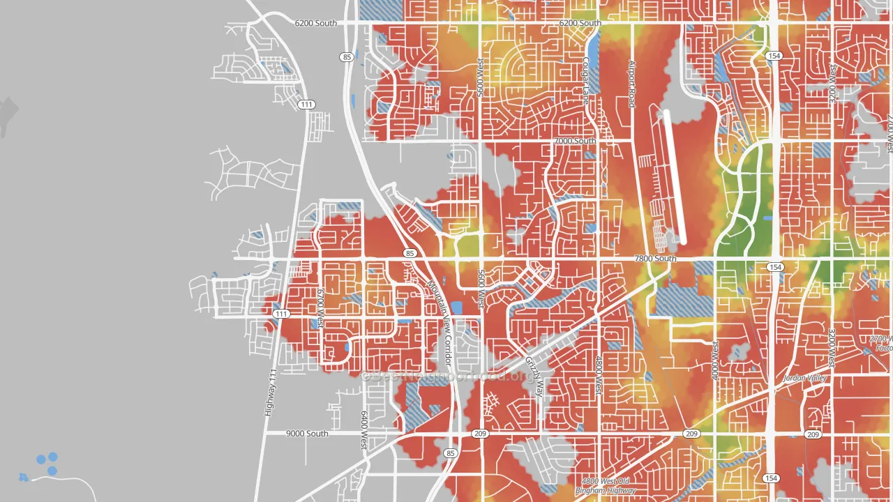 Walk Grade map of 84081, UT, walkable areas in green and car-dependent areas in red