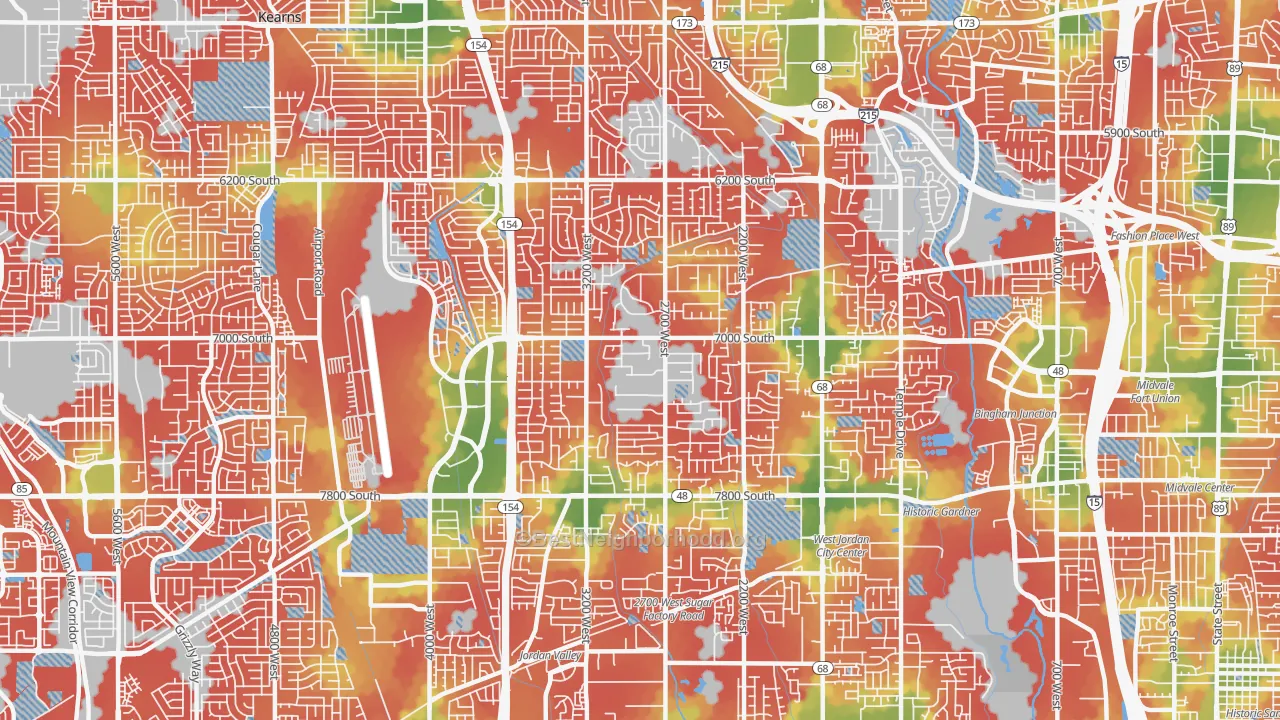 Walk Grade map of 84084, UT, walkable areas in green and car-dependent areas in red