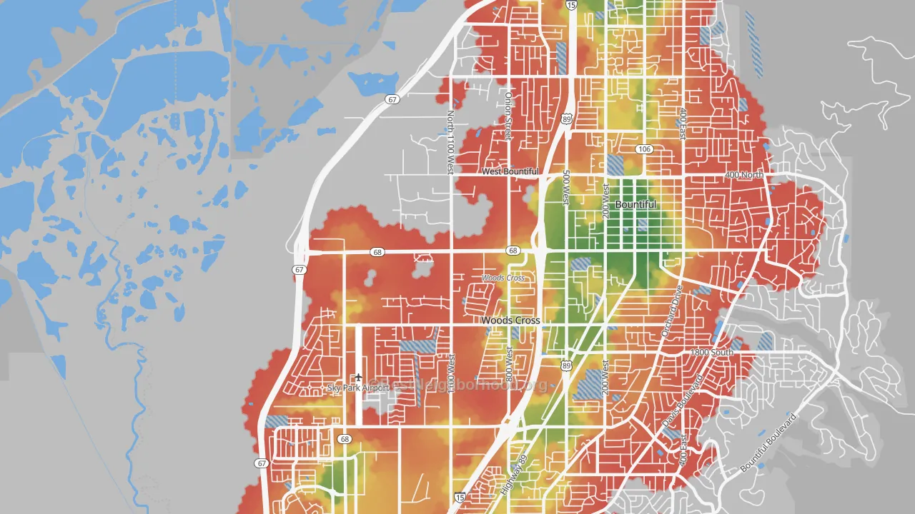 Walk Grade map of 84087, UT, walkable areas in green and car-dependent areas in red