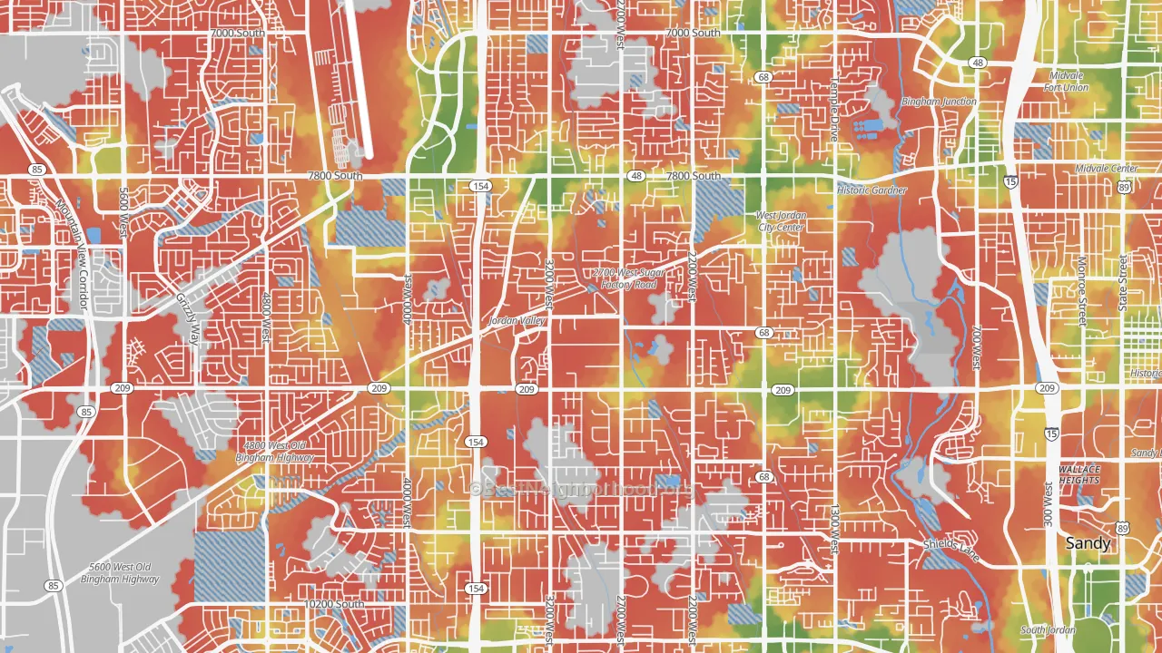 Walk Grade map of 84088, UT, walkable areas in green and car-dependent areas in red