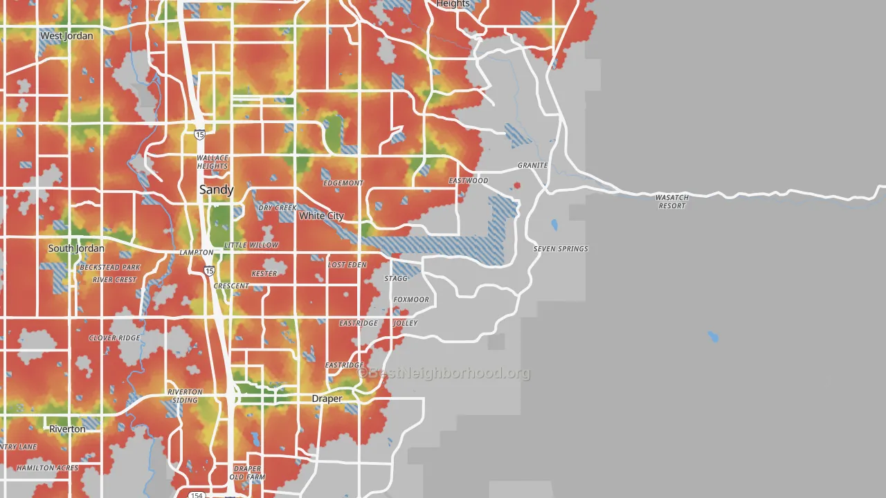 Walk Grade map of 84092, UT, walkable areas in green and car-dependent areas in red