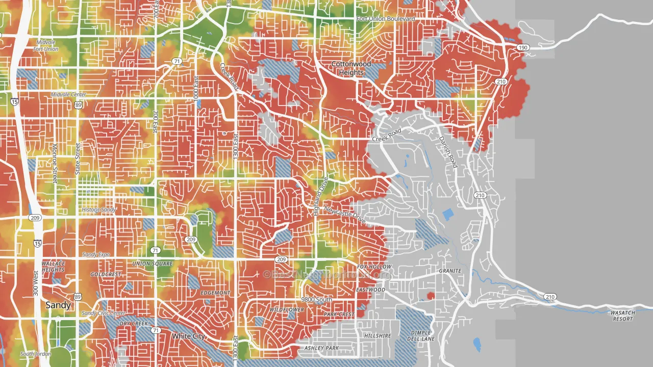 Walk Grade map of 84093, UT, walkable areas in green and car-dependent areas in red