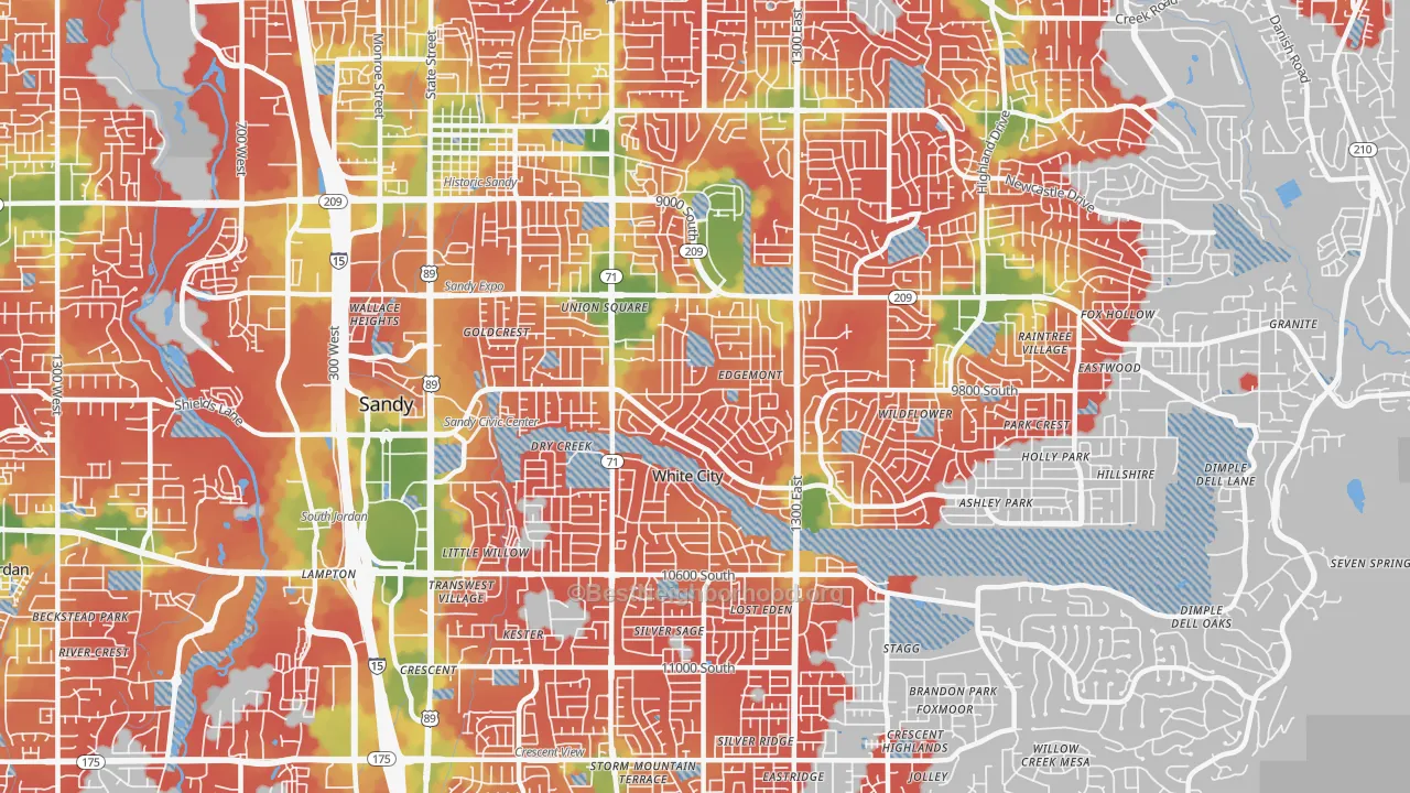 Walk Grade map of 84094, UT, walkable areas in green and car-dependent areas in red