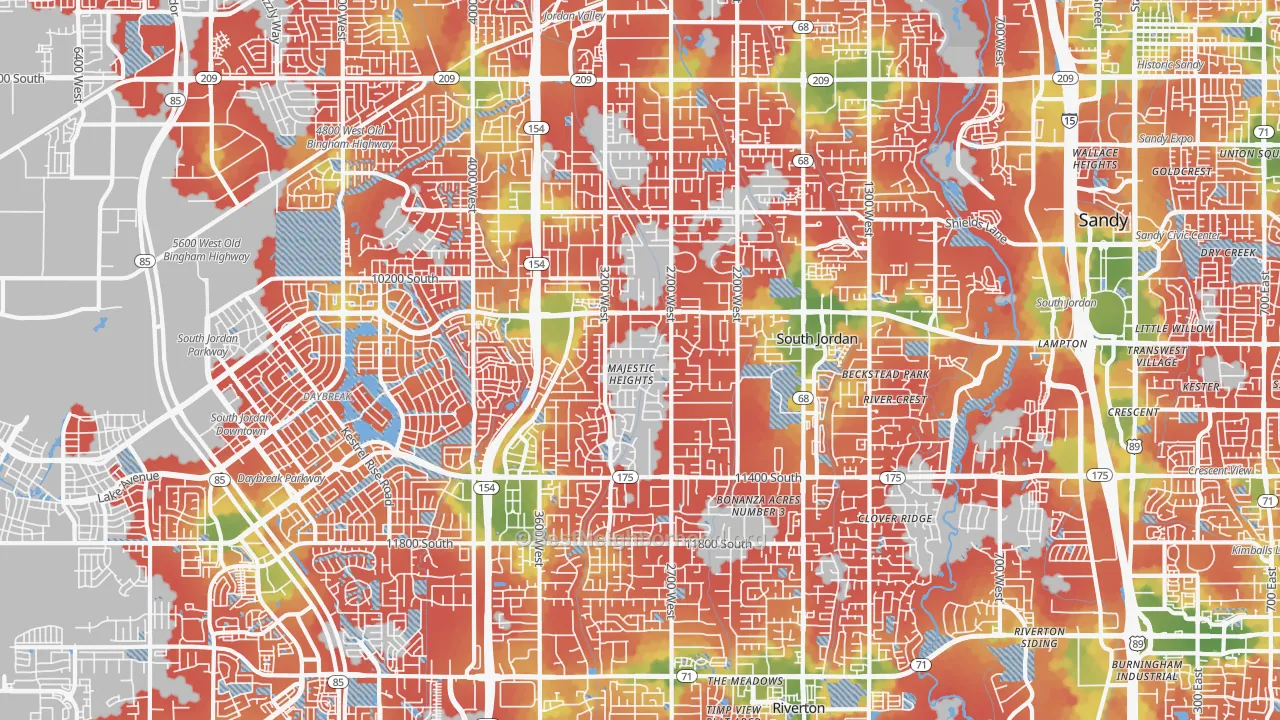 Walk Grade map of 84095, UT, walkable areas in green and car-dependent areas in red