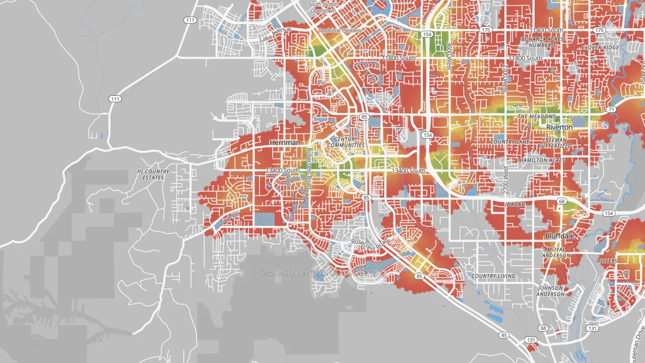Walk Grade map of 84096, UT, walkable areas in green and car-dependent areas in red