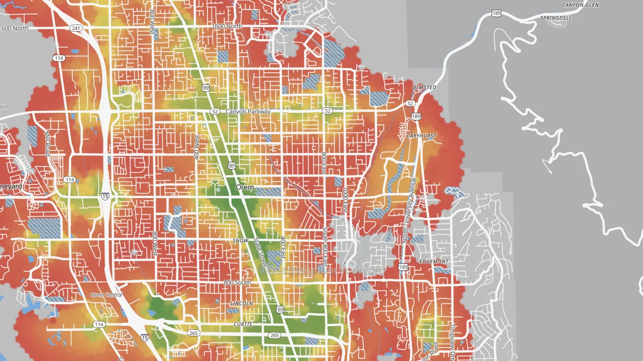 Walk Grade map of 84097, UT, walkable areas in green and car-dependent areas in red