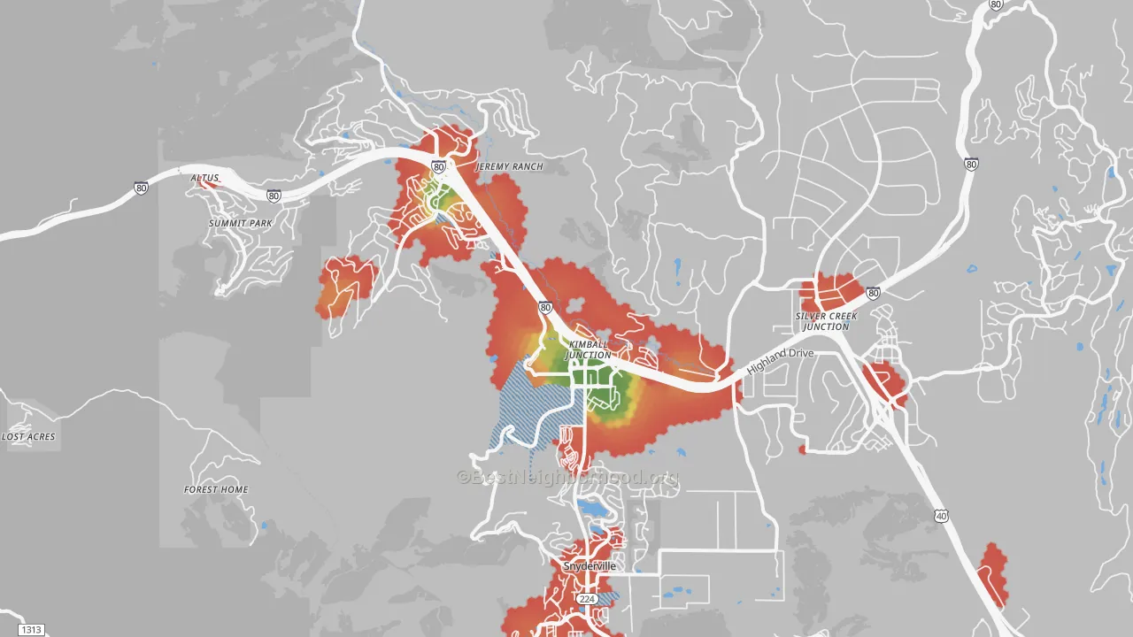 Walk Grade map of 84098, UT, walkable areas in green and car-dependent areas in red