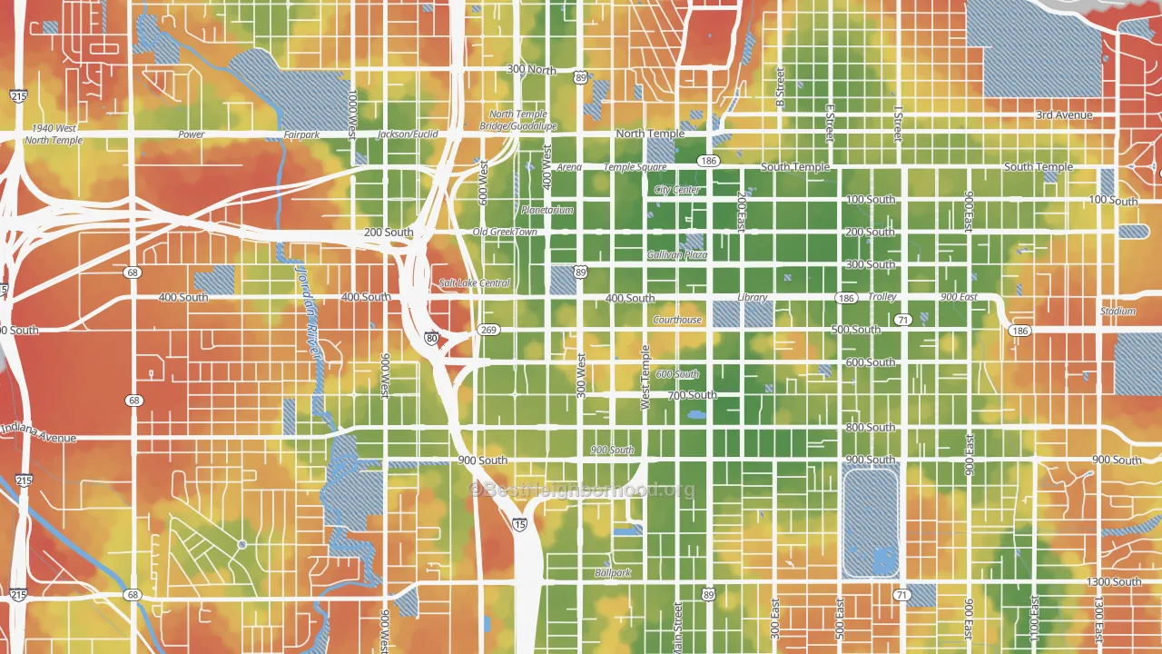 Walk Grade map of 84101, UT, walkable areas in green and car-dependent areas in red
