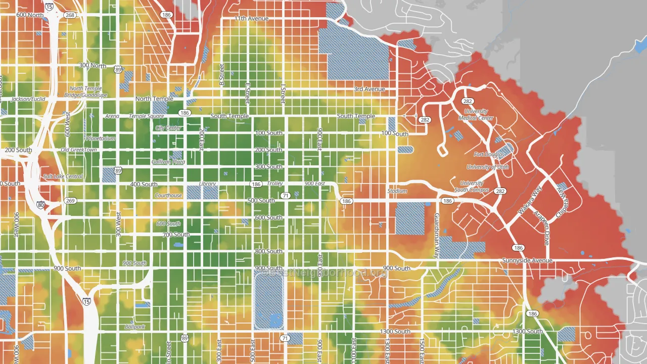 Walk Grade map of 84102, UT, walkable areas in green and car-dependent areas in red