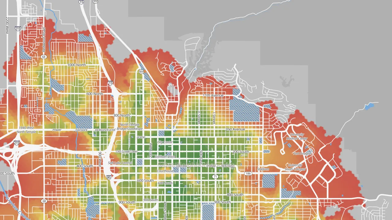 Walk Grade map of 84103, UT, walkable areas in green and car-dependent areas in red