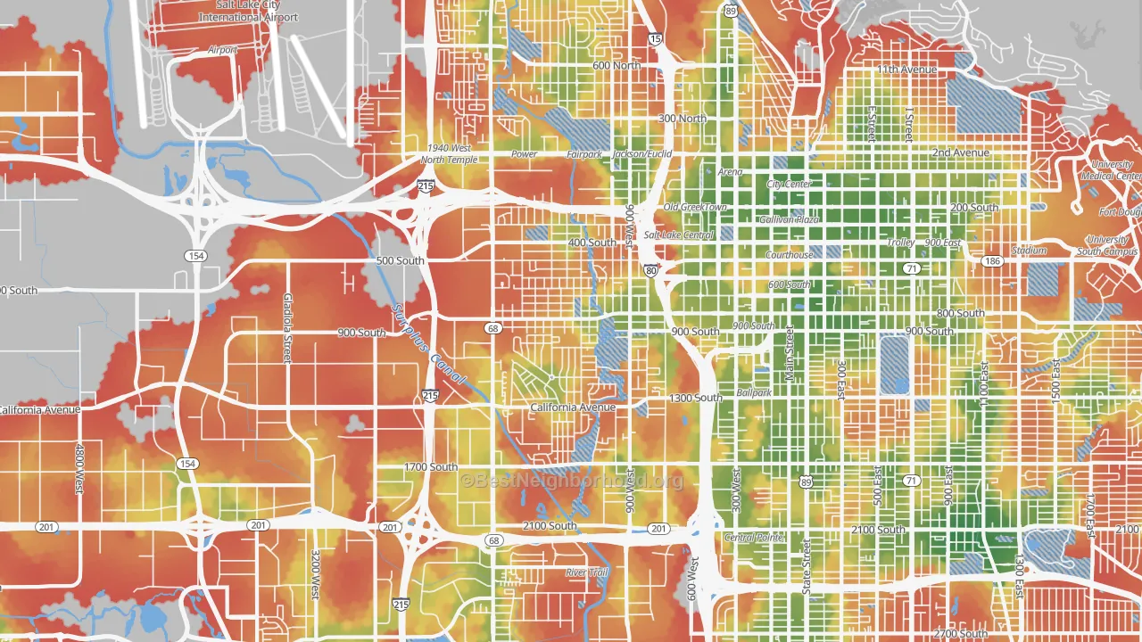 Walk Grade map of 84104, UT, walkable areas in green and car-dependent areas in red