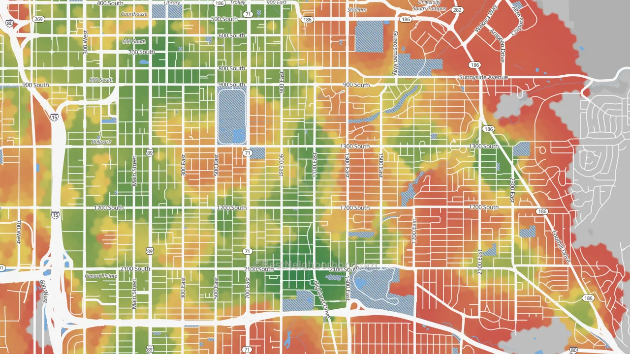 Walk Grade map of 84105, UT, walkable areas in green and car-dependent areas in red