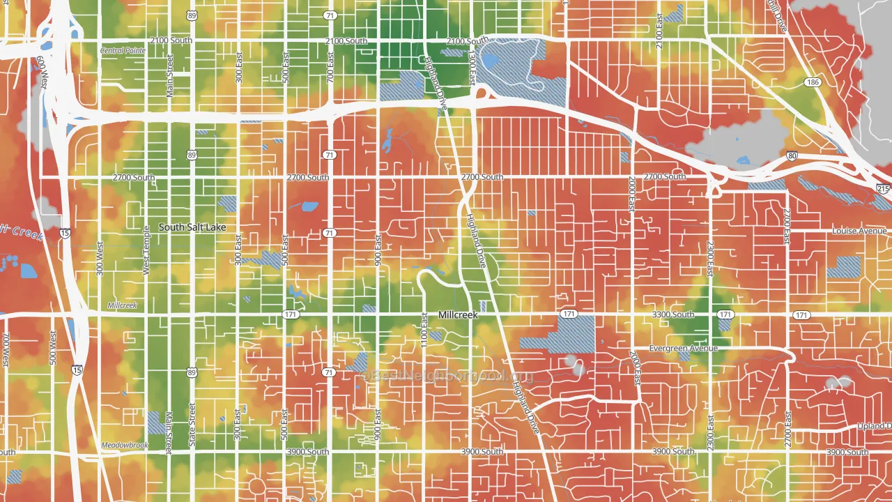 Walk Grade map of 84106, UT, walkable areas in green and car-dependent areas in red