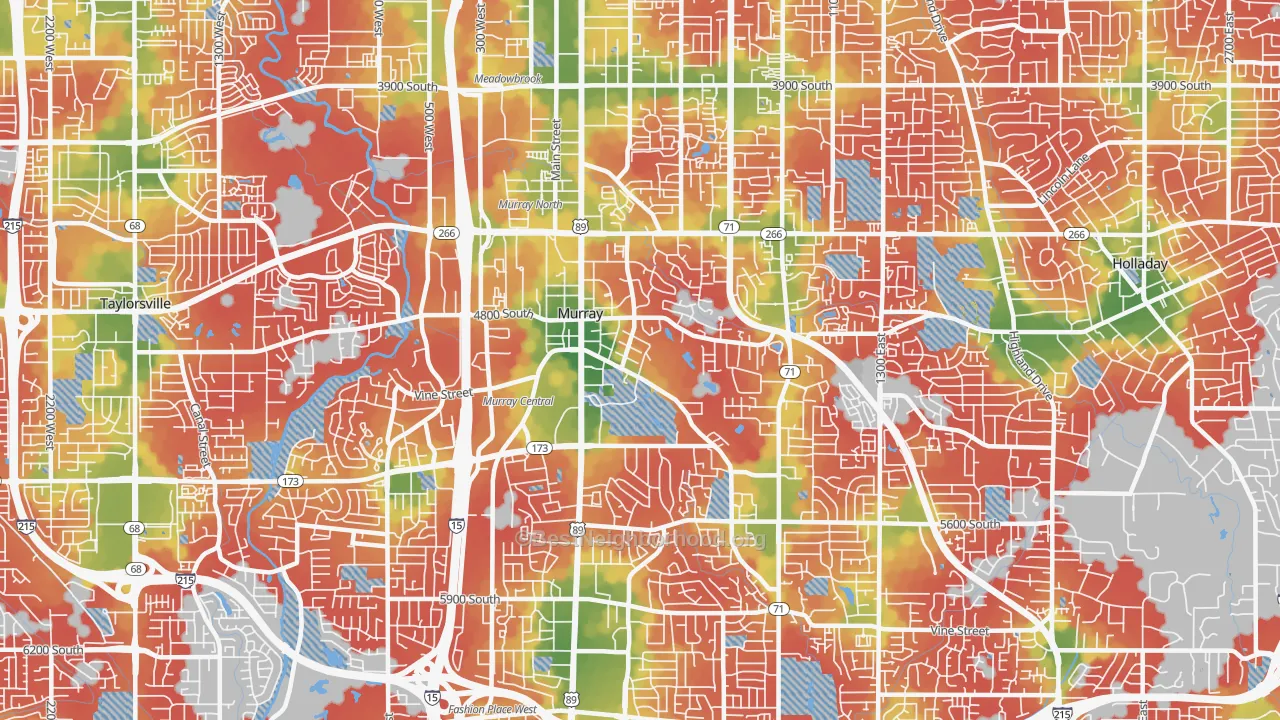 Walk Grade map of 84107, UT, walkable areas in green and car-dependent areas in red
