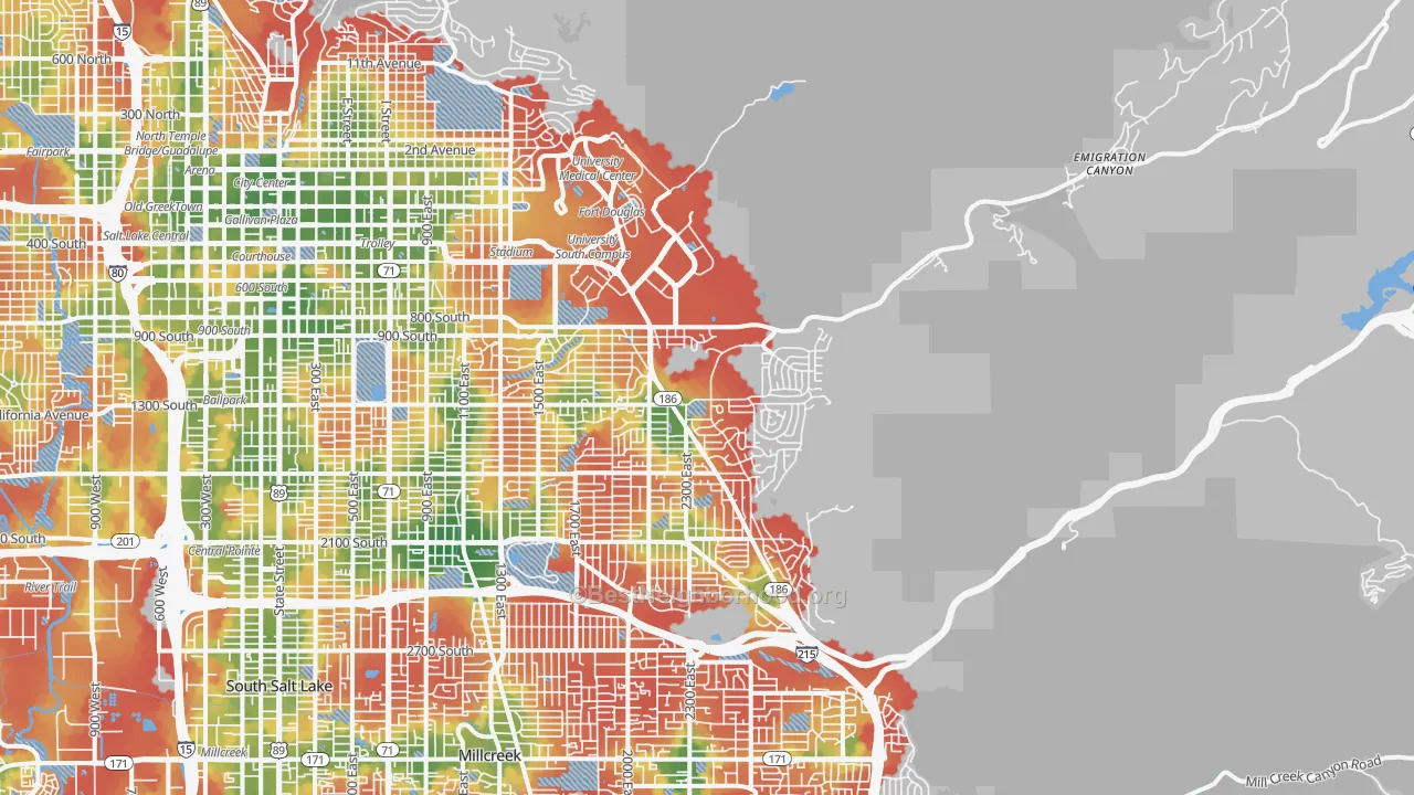 Walk Grade map of 84108, UT, walkable areas in green and car-dependent areas in red