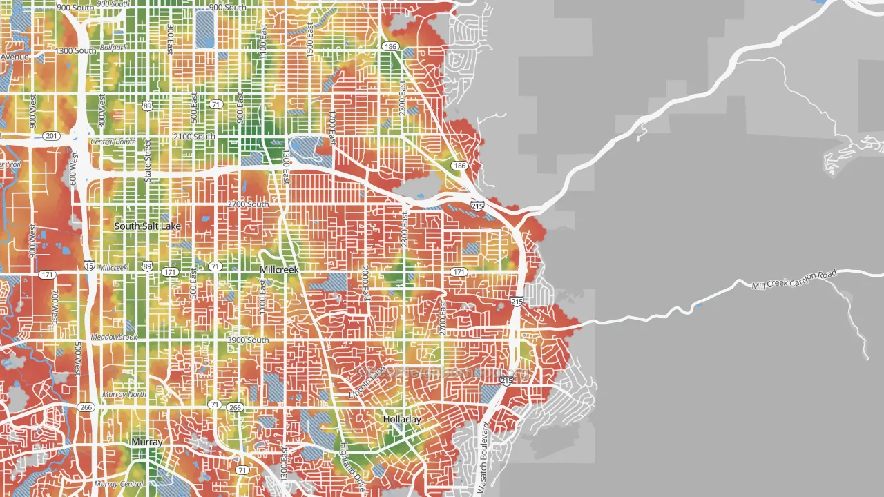 Walk Grade map of 84109, UT, walkable areas in green and car-dependent areas in red