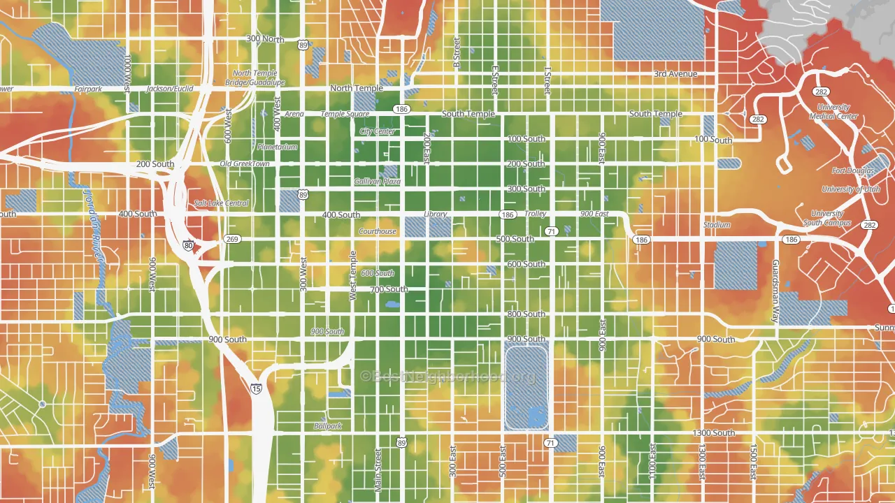Walk Grade map of 84111, UT, walkable areas in green and car-dependent areas in red