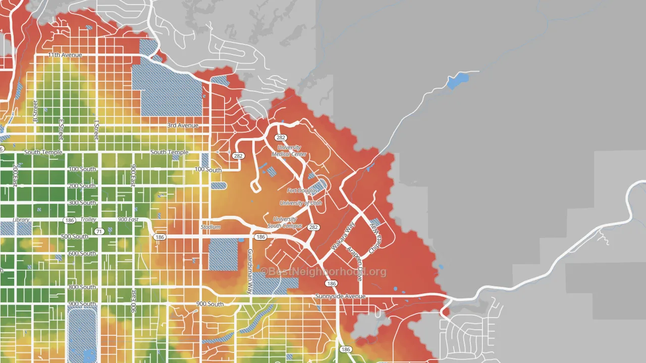 Walk Grade map of 84112, UT, walkable areas in green and car-dependent areas in red