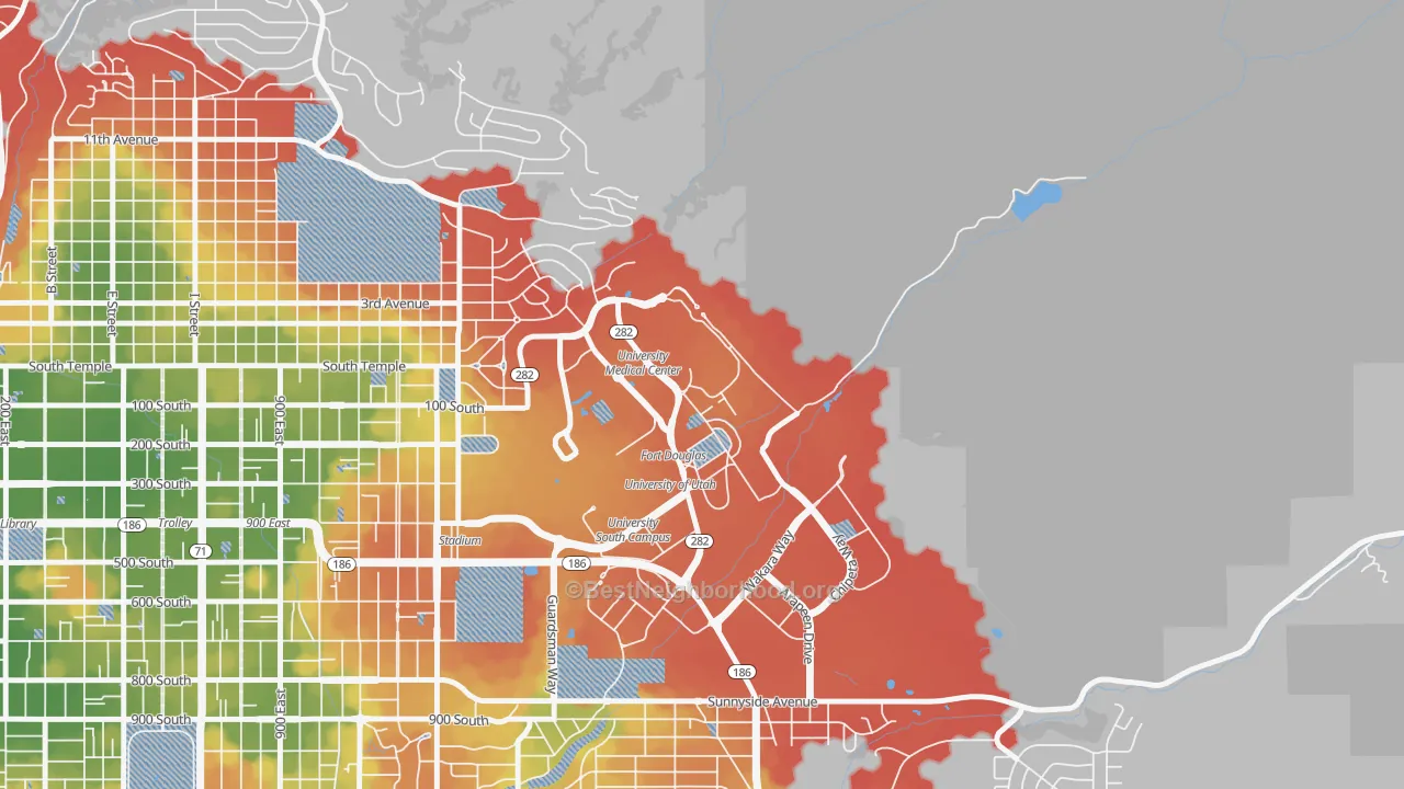 Walk Grade map of 84113, UT, walkable areas in green and car-dependent areas in red