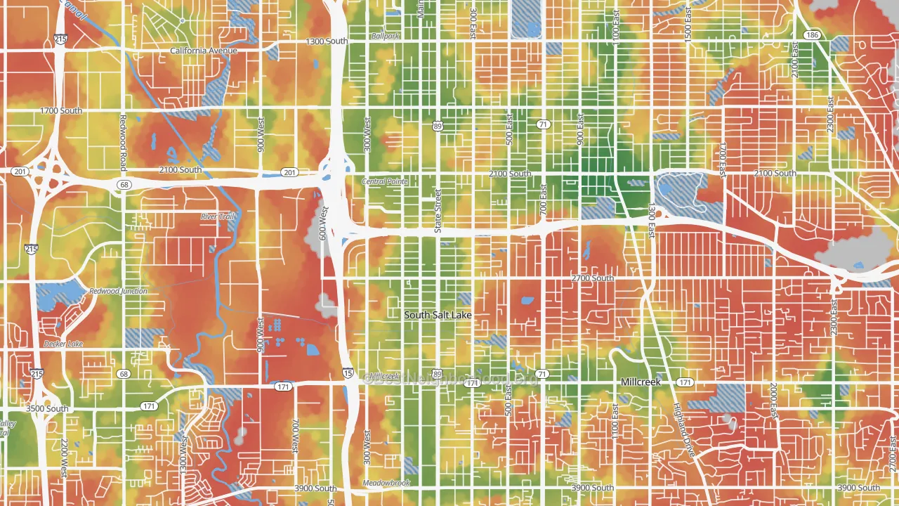 Walk Grade map of 84115, UT, walkable areas in green and car-dependent areas in red
