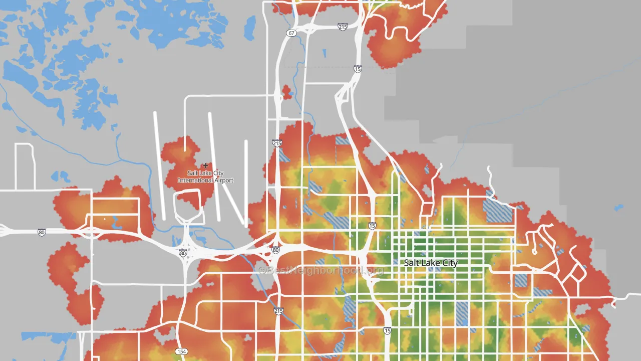 Walk Grade map of 84116, UT, walkable areas in green and car-dependent areas in red