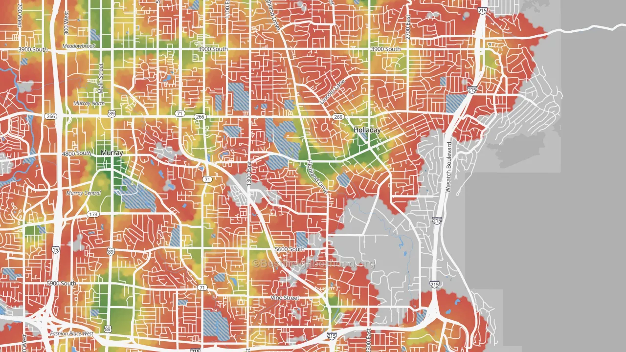Walk Grade map of 84117, UT, walkable areas in green and car-dependent areas in red