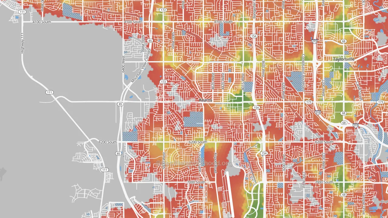 Walk Grade map of 84118, UT, walkable areas in green and car-dependent areas in red