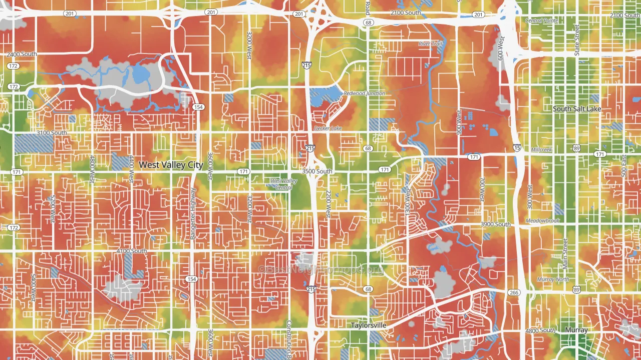Walk Grade map of 84119, UT, walkable areas in green and car-dependent areas in red