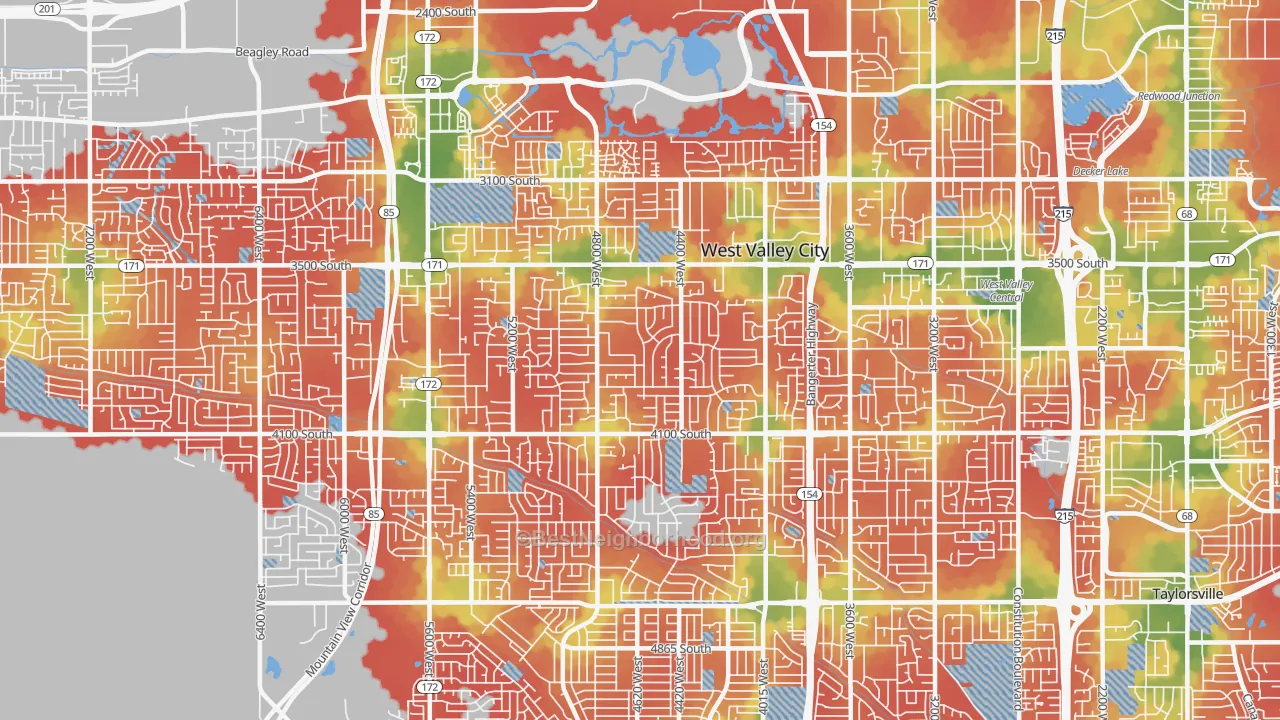 Walk Grade map of 84120, UT, walkable areas in green and car-dependent areas in red