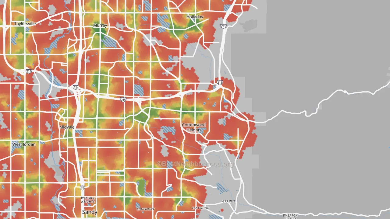 Walk Grade map of 84121, UT, walkable areas in green and car-dependent areas in red