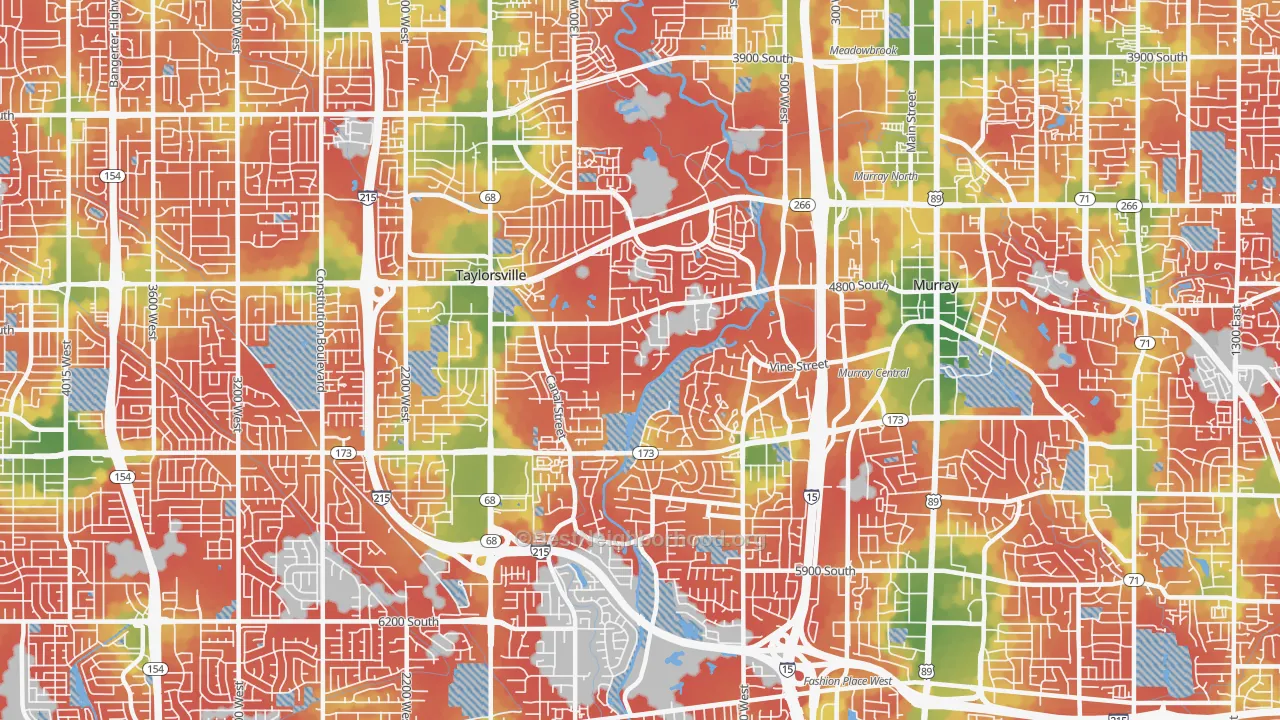 Walk Grade map of 84123, UT, walkable areas in green and car-dependent areas in red