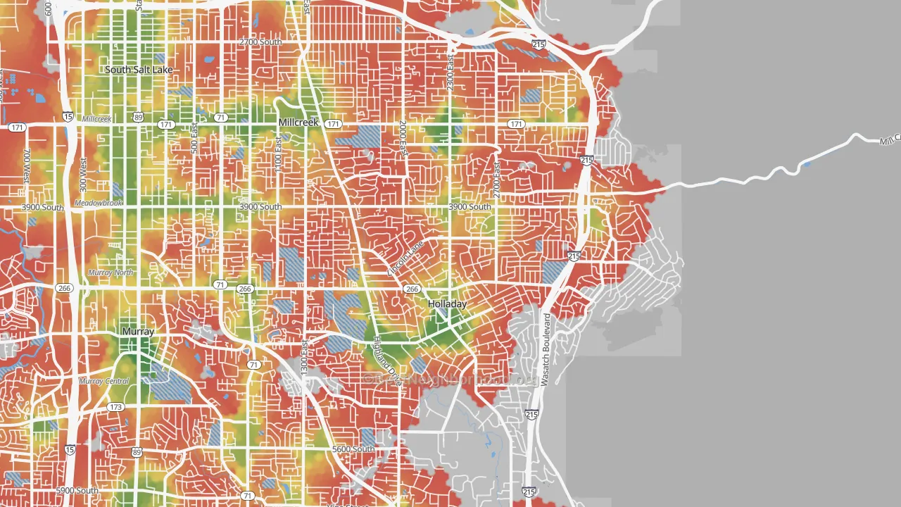 Walk Grade map of 84124, UT, walkable areas in green and car-dependent areas in red