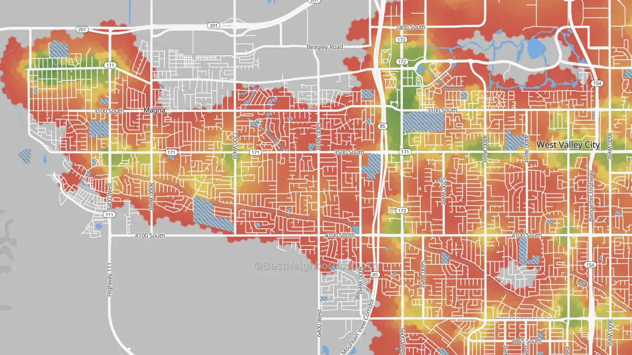 Walk Grade map of 84128, UT, walkable areas in green and car-dependent areas in red