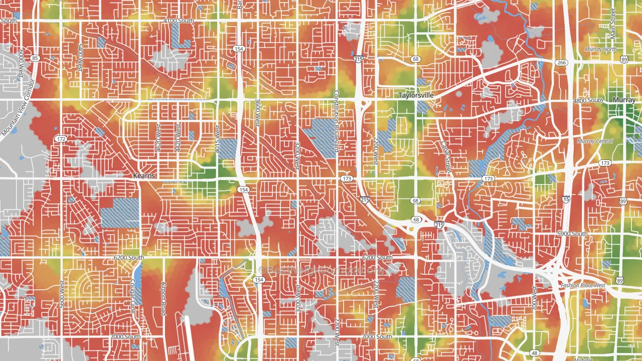 Walk Grade map of 84129, UT, walkable areas in green and car-dependent areas in red