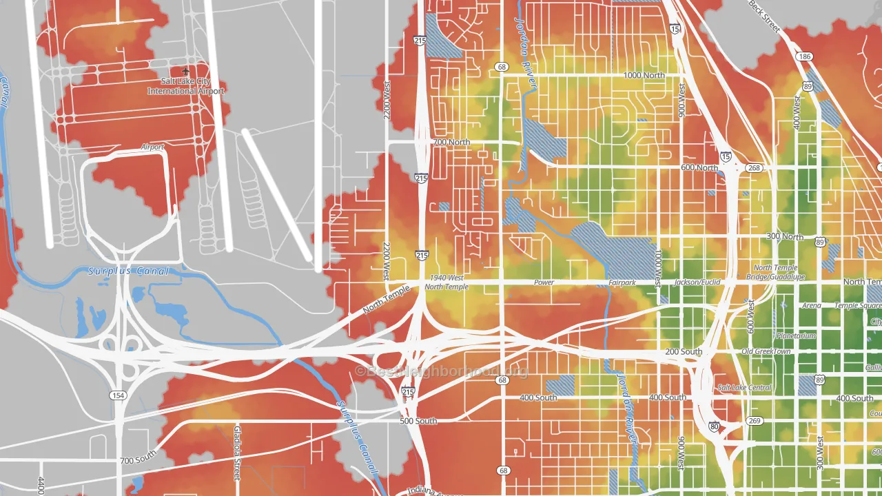 Walk Grade map of 84134, UT, walkable areas in green and car-dependent areas in red