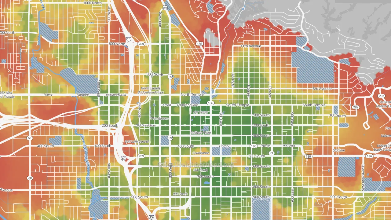 Walk Grade map of 84144, UT, walkable areas in green and car-dependent areas in red