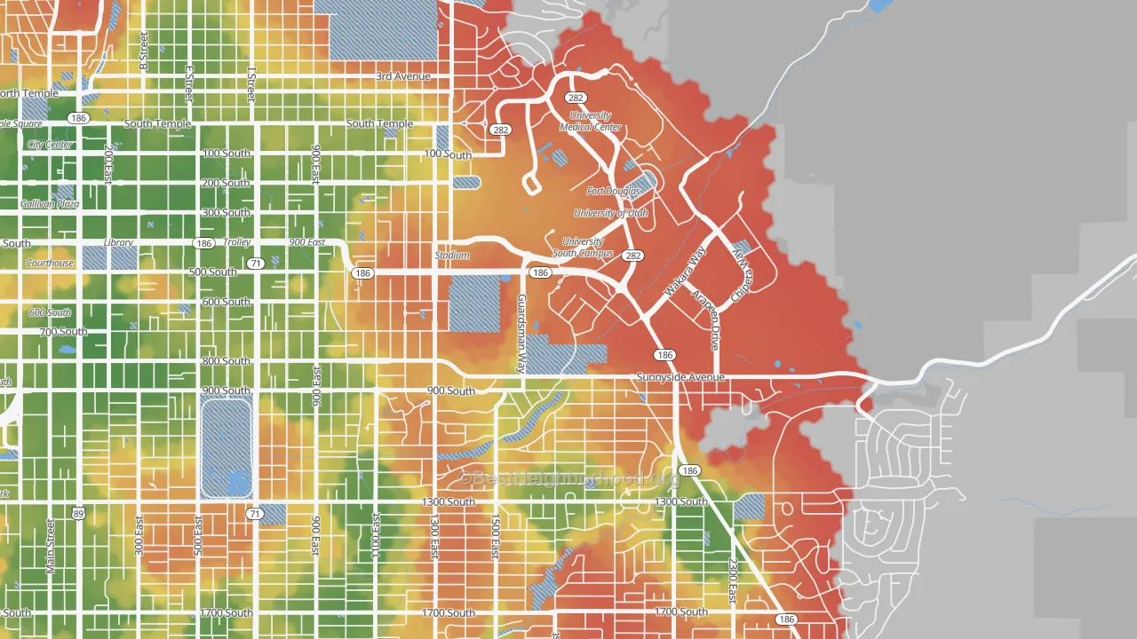 Walk Grade map of 84148, UT, walkable areas in green and car-dependent areas in red