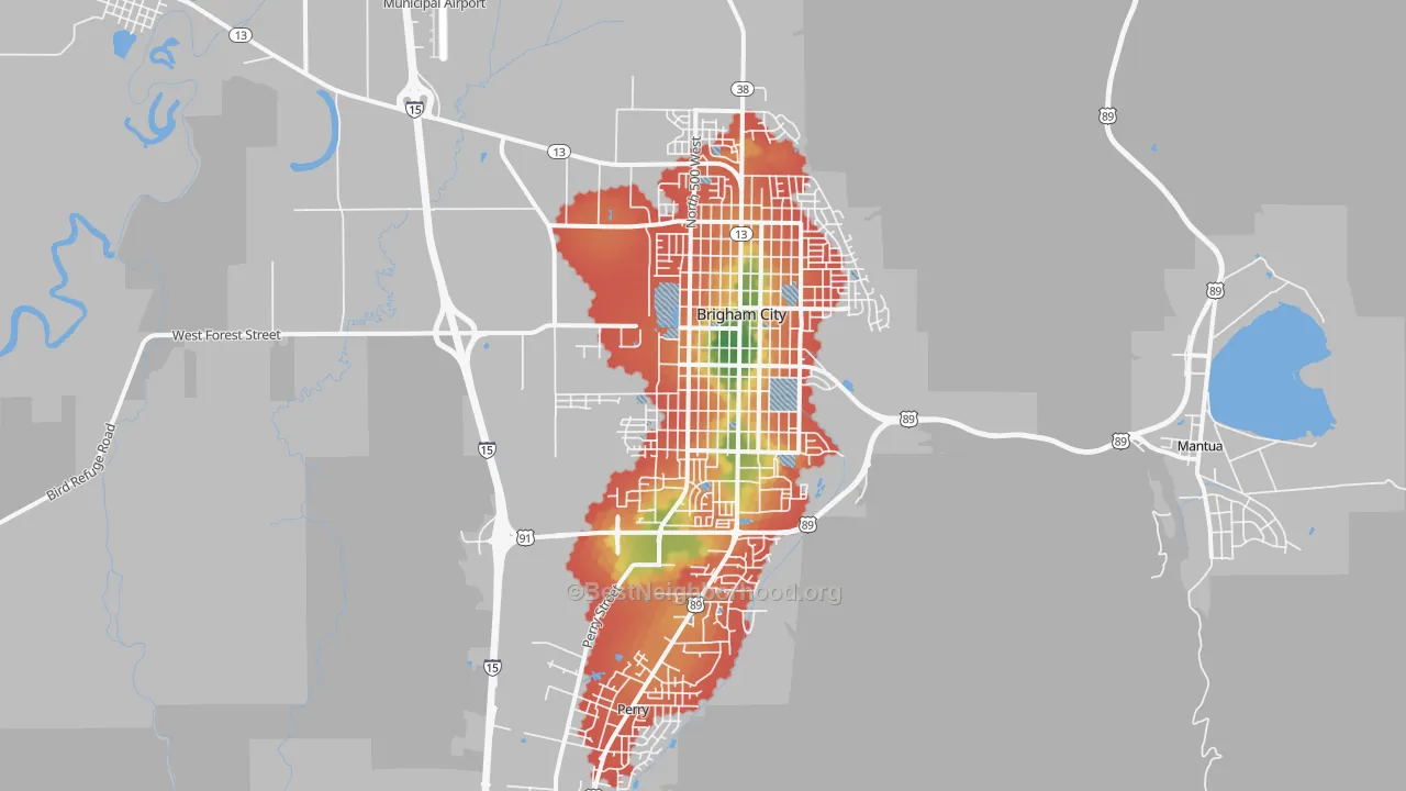 Walk Grade map of 84302, UT, walkable areas in green and car-dependent areas in red