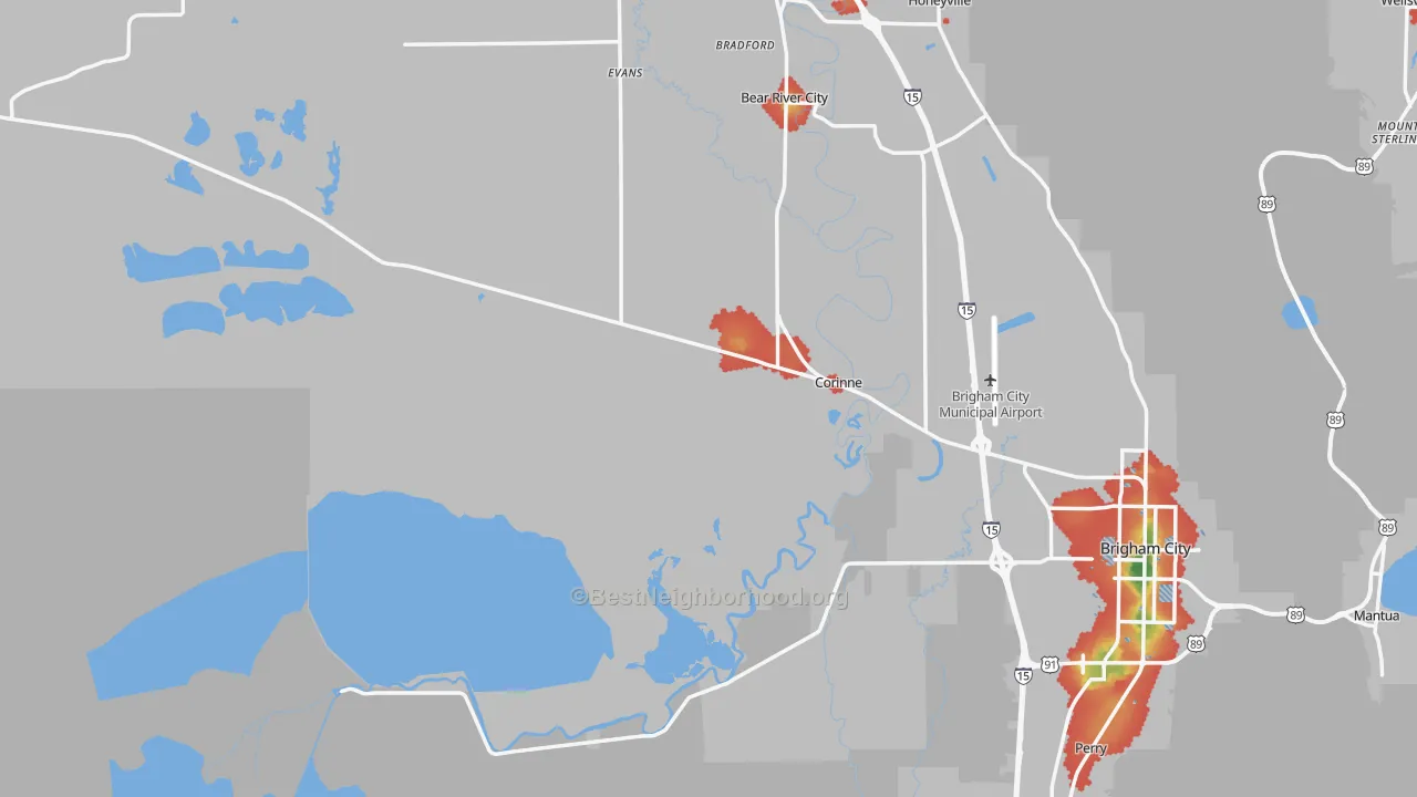 Walk Grade map of 84307, UT, walkable areas in green and car-dependent areas in red