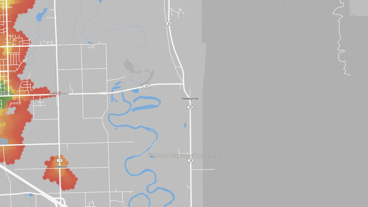 Walk Grade map of 84309, UT, walkable areas in green and car-dependent areas in red