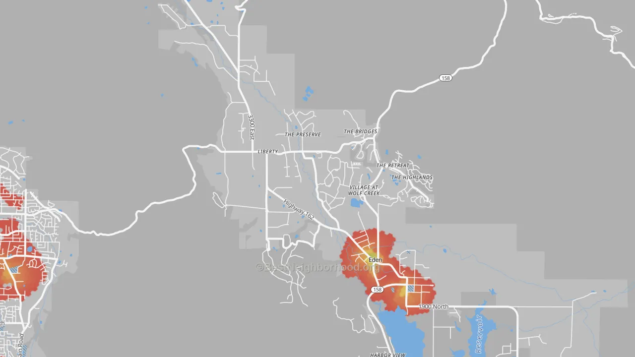 Walk Grade map of 84310, UT, walkable areas in green and car-dependent areas in red