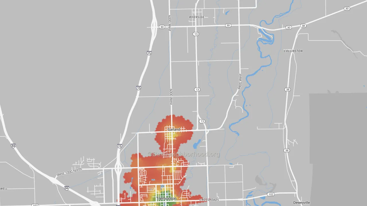 Walk Grade map of 84312, UT, walkable areas in green and car-dependent areas in red