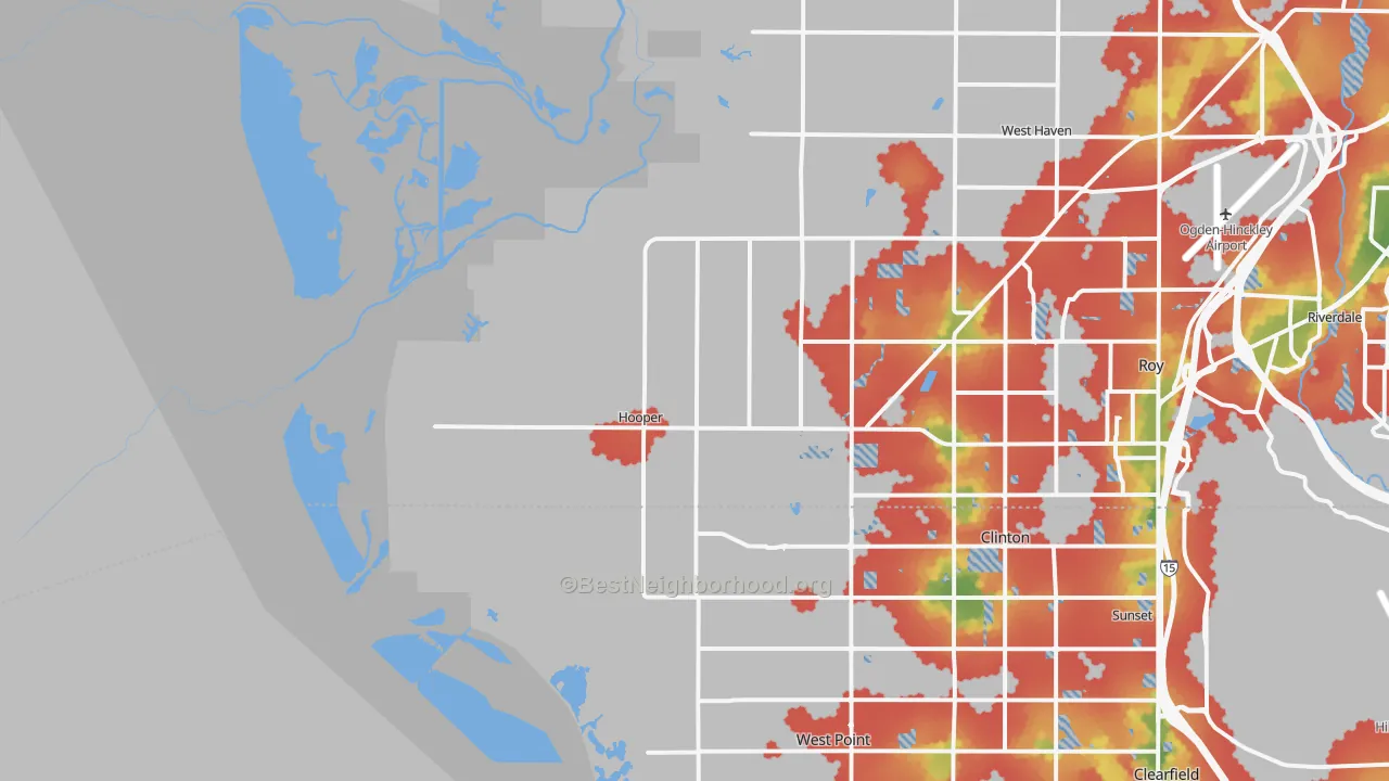 Walk Grade map of 84315, UT, walkable areas in green and car-dependent areas in red