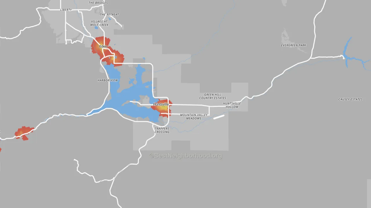 Walk Grade map of 84317, UT, walkable areas in green and car-dependent areas in red
