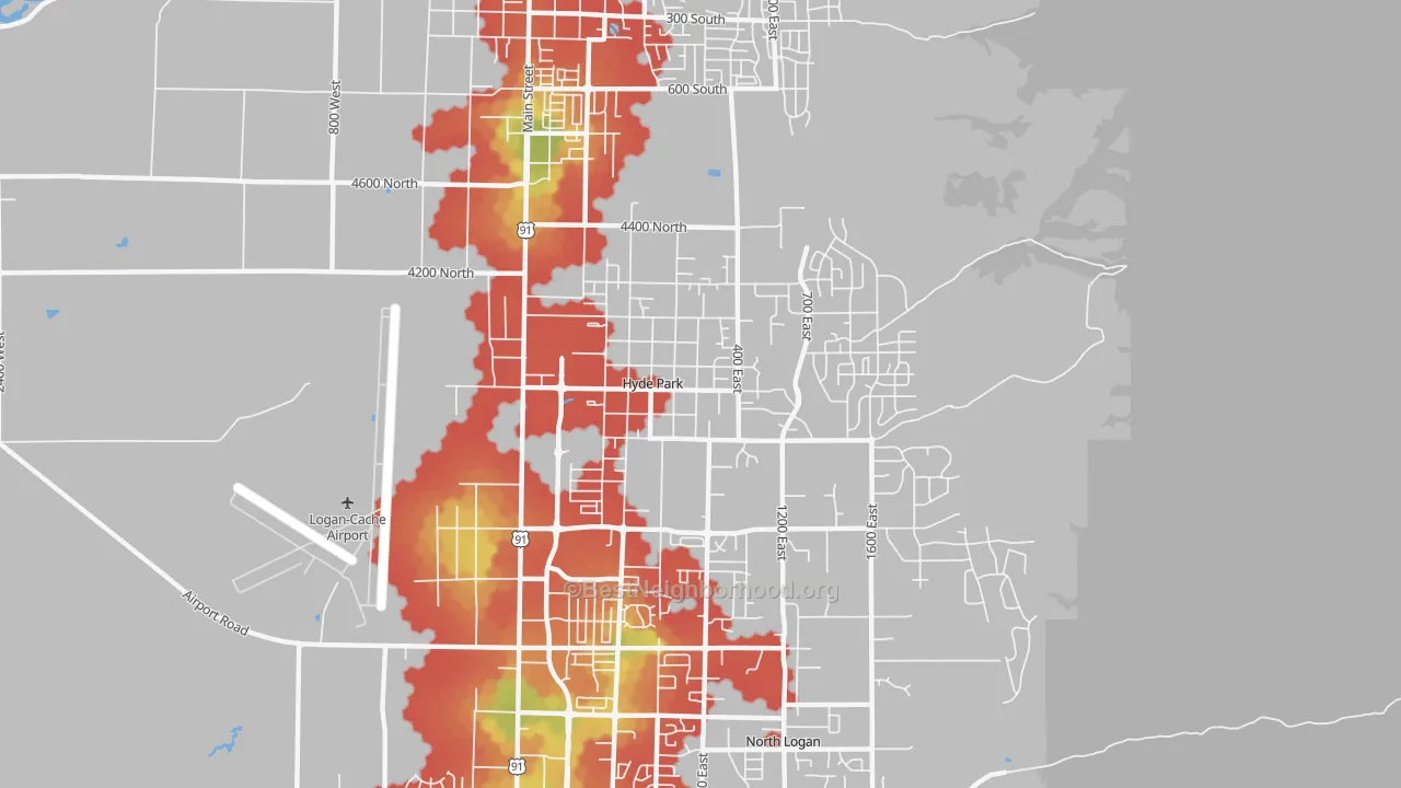 Walk Grade map of 84318, UT, walkable areas in green and car-dependent areas in red